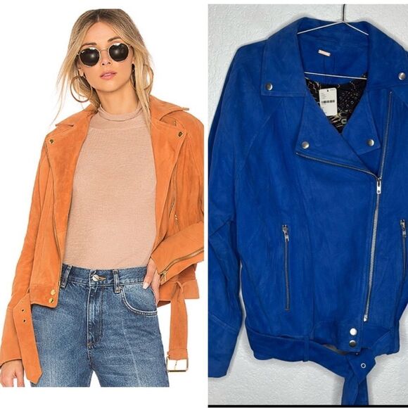 NWT BLUE Free People Drapey Suede Moto Jacket Large - Picture 1 of 16
